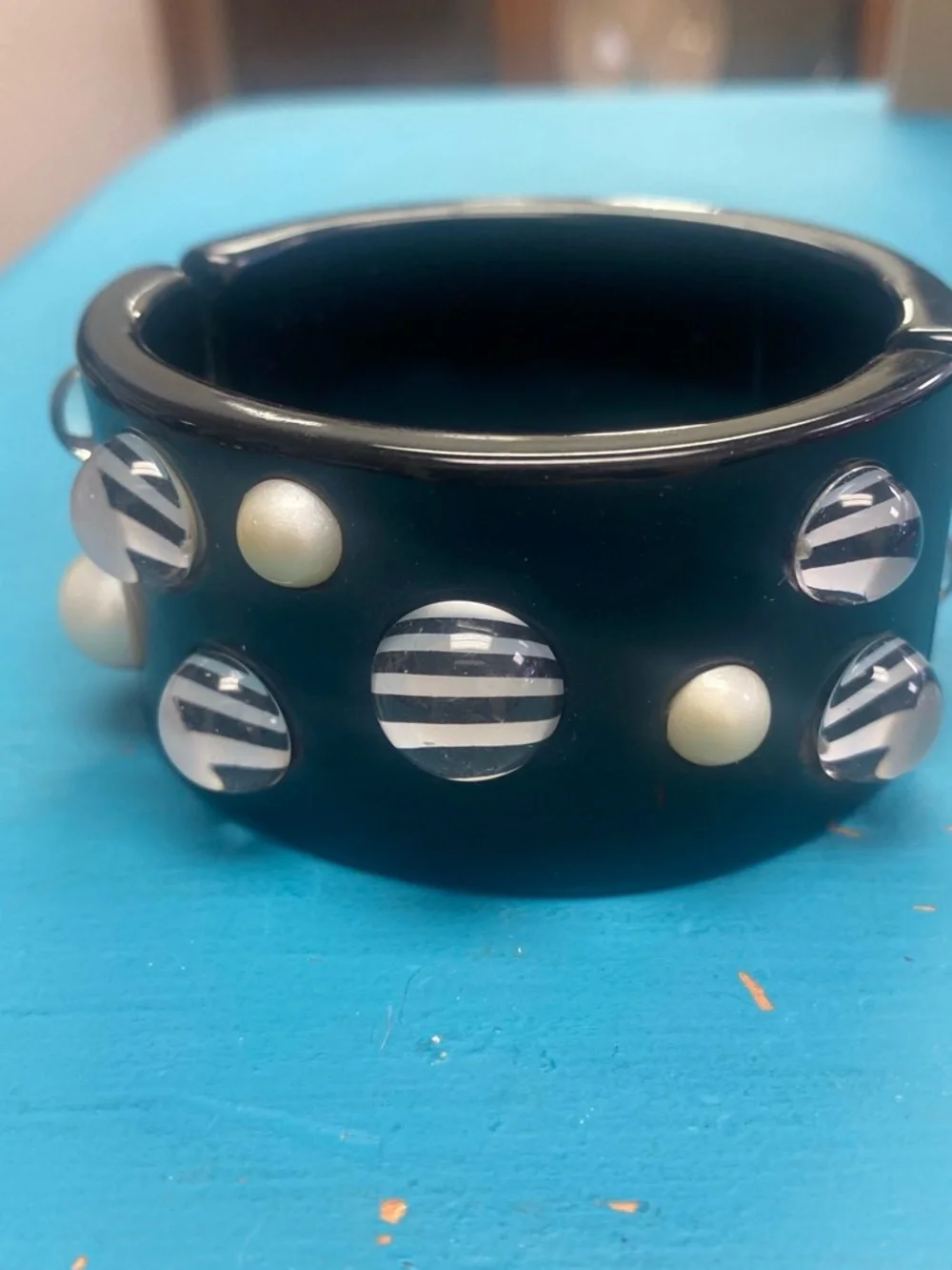 Vintage Black Beaded Accent cuff  Bangle Bracelet with Pearl and Striped Inlays